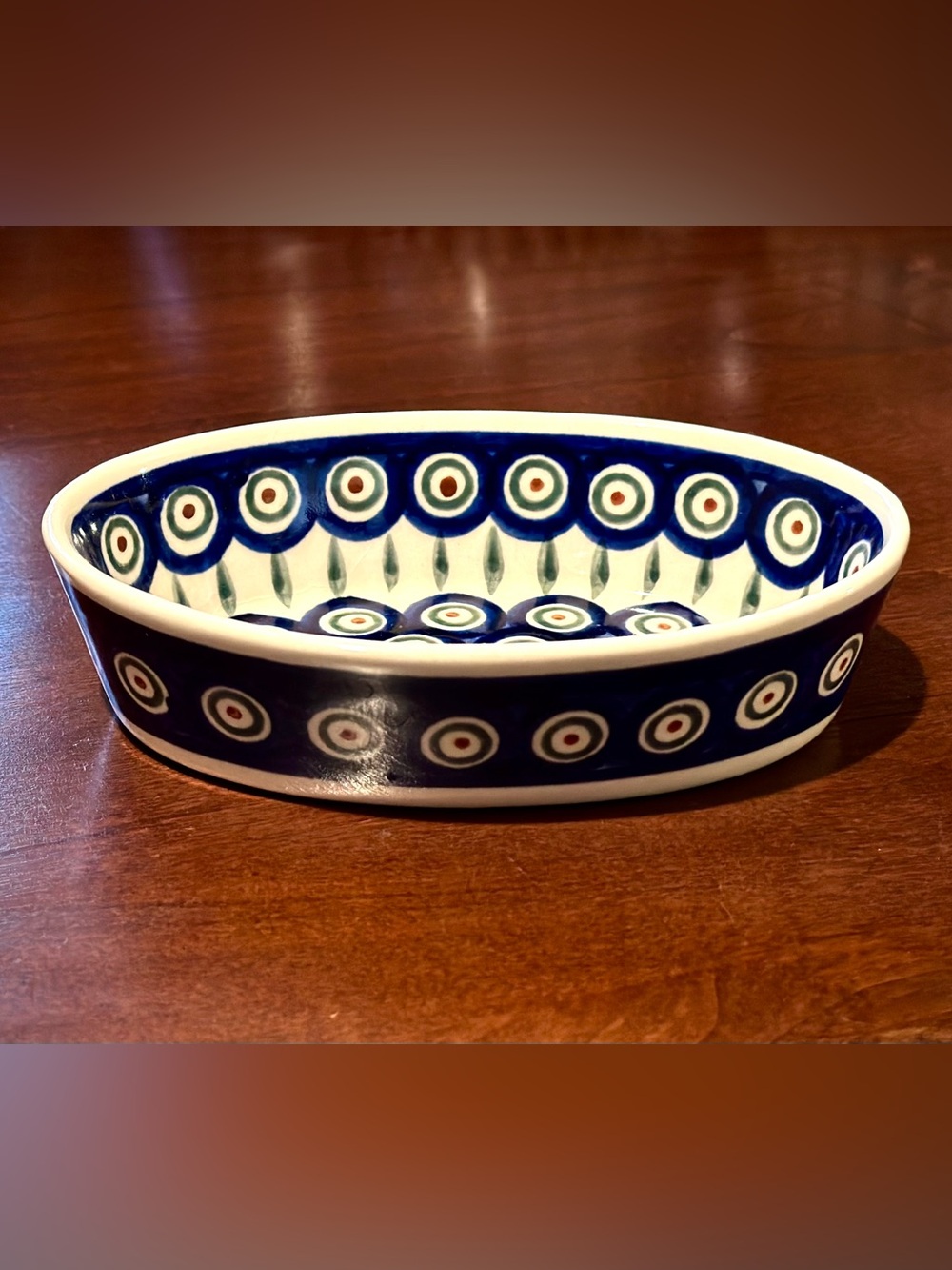 Bolesławiec 6” Oval Baker, Hand-Painted Peacock Feather Made in Poland
